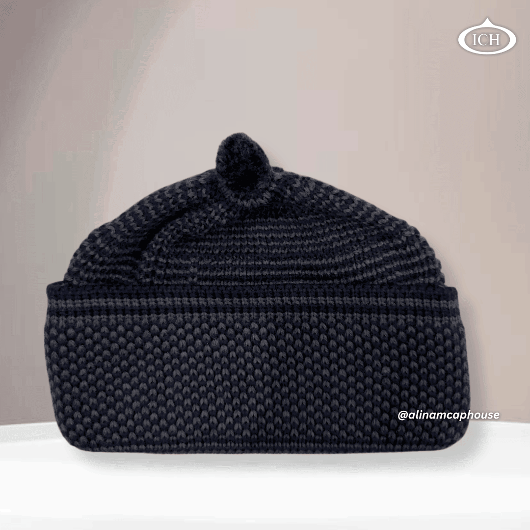 Dark blue knitted Islamic prayer cap, elegant textured knit fabric, soft and breathable cotton topi for men, AL INAM CAP HOUSE