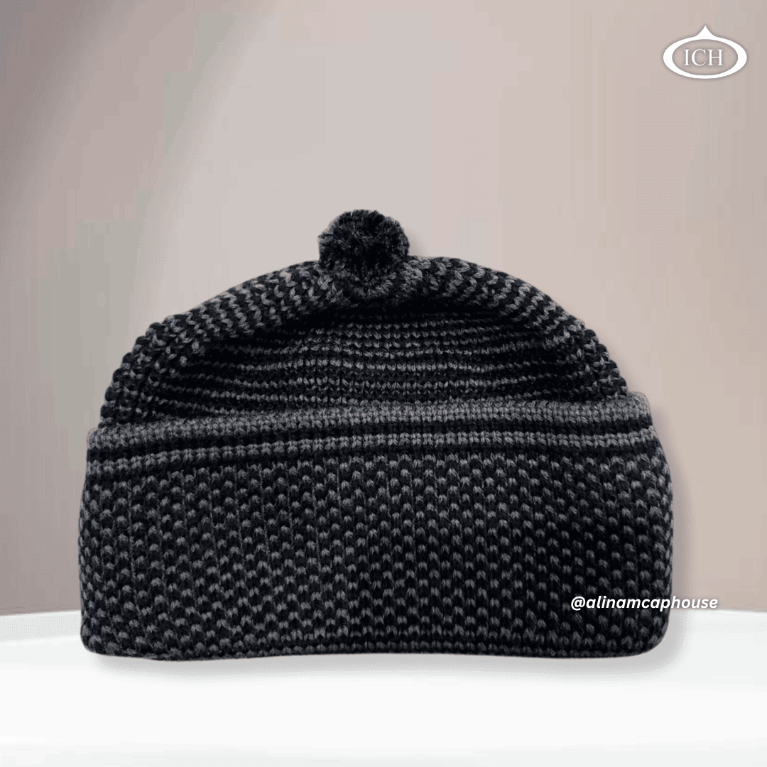 Dark grey  knitted Islamic cap, premium cotton prayer topi, refined knitted pattern, lightweight and comfortable Muslim headwear, AL INAM CAP HOUSE