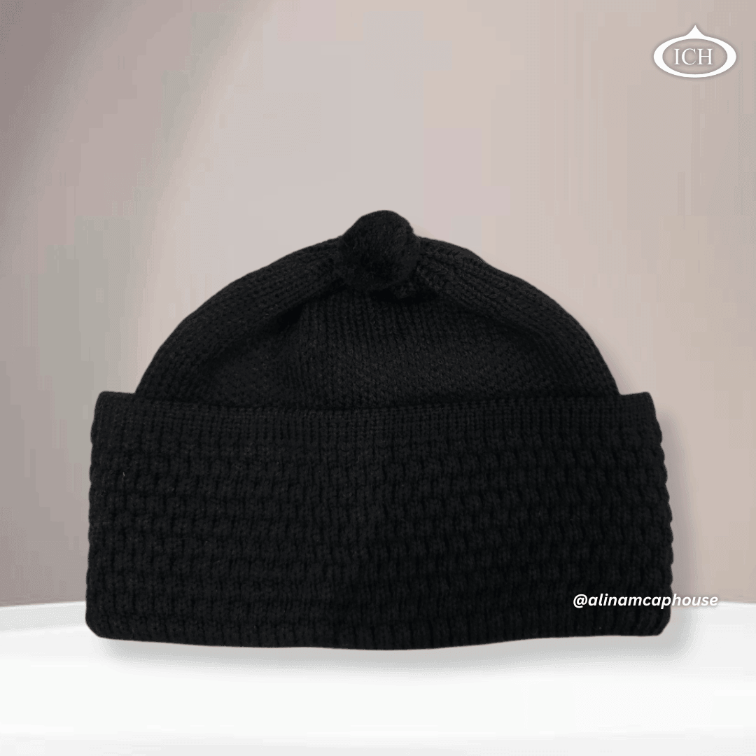 Black knitted Islamic cap, premium Muslim prayer topi, soft breathable cotton fabric, elegant textured design, AL INAM CAP HOUSE