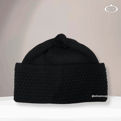 Black knitted Islamic cap, premium Muslim prayer topi, soft breathable cotton fabric, elegant textured design, AL INAM CAP HOUSE
