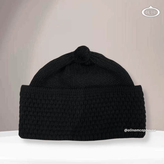 Black knitted Islamic cap, premium Muslim prayer topi, soft breathable cotton fabric, elegant textured design, AL INAM CAP HOUSE