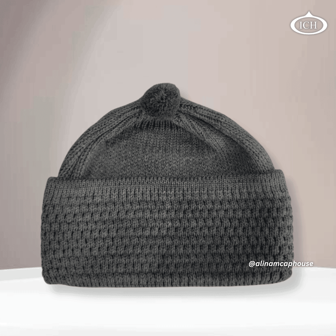 Grey knitted Islamic cap, soft cotton Muslim prayer topi, subtle textured knit pattern, lightweight and comfortable, AL INAM CAP HOUSE