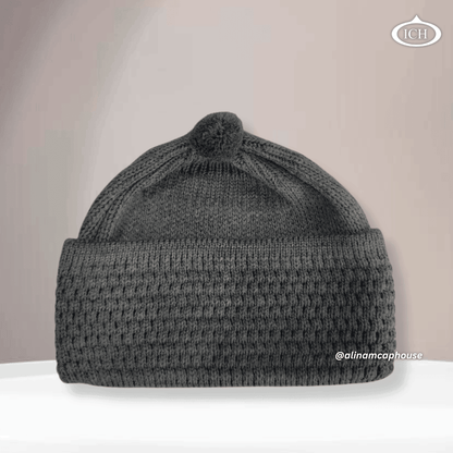 Grey knitted Islamic cap, soft cotton Muslim prayer topi, subtle textured knit pattern, lightweight and comfortable, AL INAM CAP HOUSE