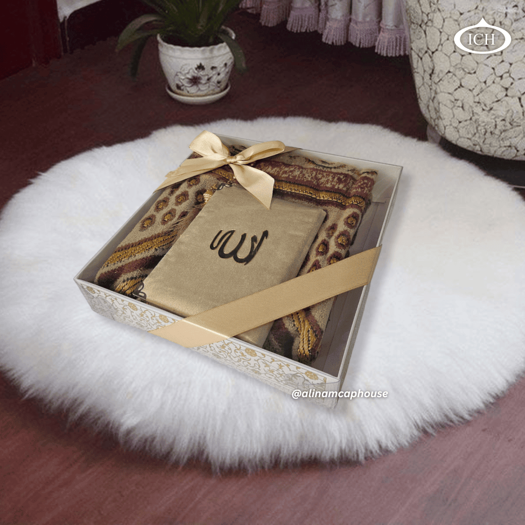 Luxury Islamic Eid Gift Box by Al Inam – set ICH-0000-E05 featuring elegant prayer mat and smooth misbaha for Muslim worship and special occasions.