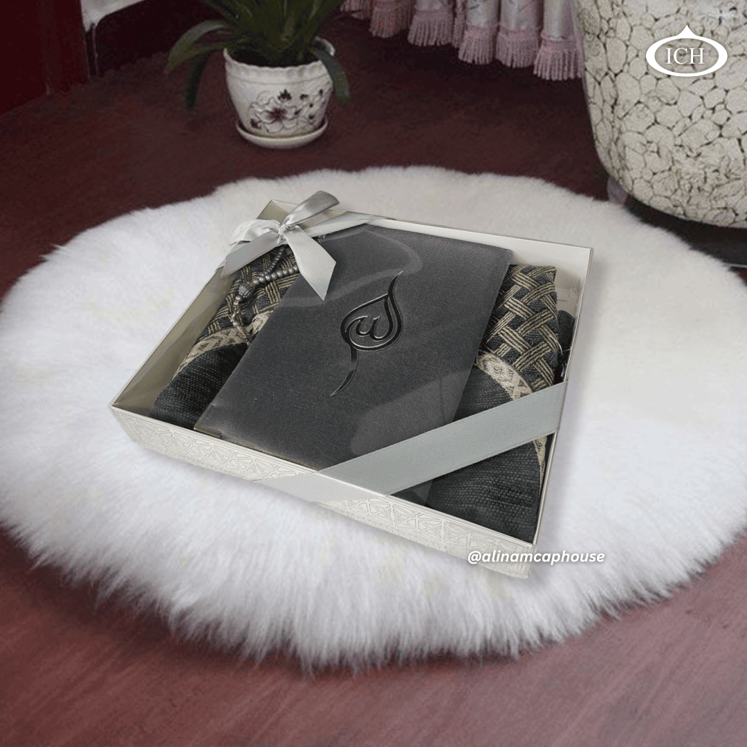 Luxury Islamic Eid Gift Box ICH-0000-E07 by AL INAM – elegant prayer rug paired with high-quality misbaha, perfect Eid present for Muslims.