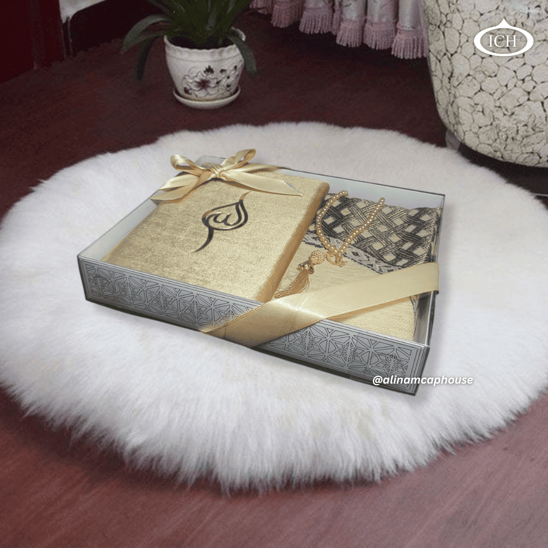 Luxury Islamic Eid Gift Box by Al Inam – set ICH-0000-E12 with elegant Janamaz plus high-quality misbaha beads designed for devotion, comfort and celebration.