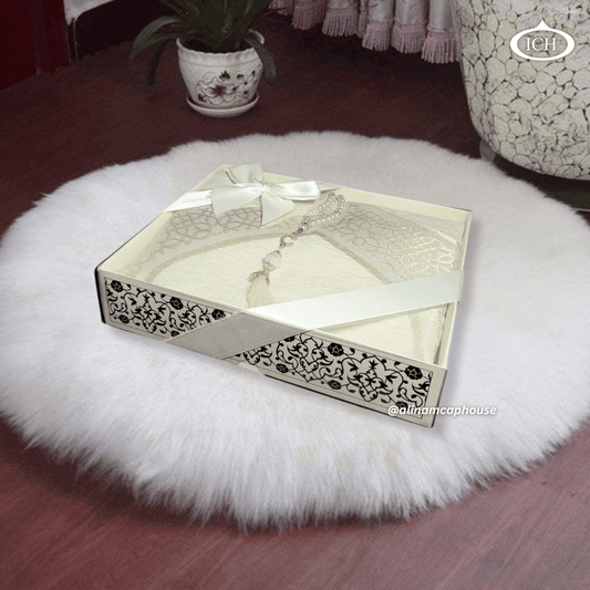 Luxury Islamic Eid Gift Bundle ICH-0000-E11 by AL INAM – elegant prayer rug with soft fabric and high-quality misbaha beads, ideal for Muslims seeking style and faith.