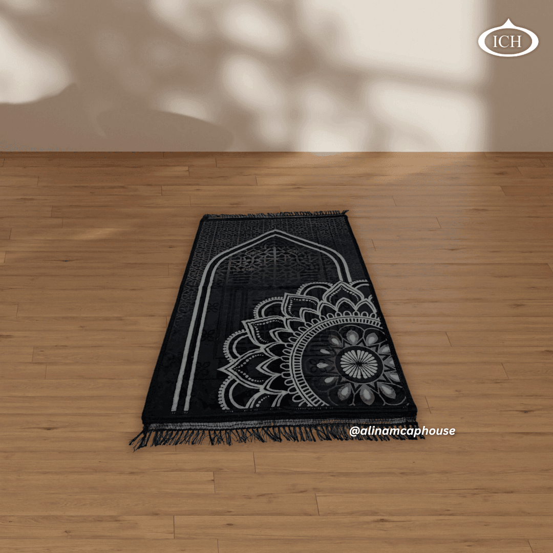 Al Inam Muslim prayer mat angled view, premium soft fabric janamaz, elegant Islamic rug for salah and worship, AL INAM CAP HOUSE