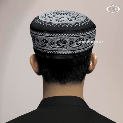 Al Inam Musqati Cap black, Islamic prayer wear, back view, handcrafted detail, AL INAM CAP HOUSE