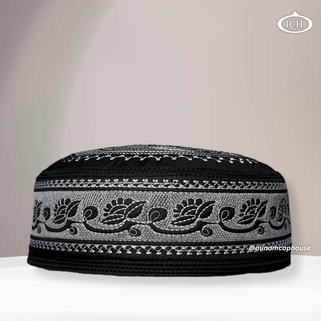 Al Inam Musqati Cap black, premium Islamic prayer cap, front view, soft breathable fabric, AL INAM CAP HOUSE