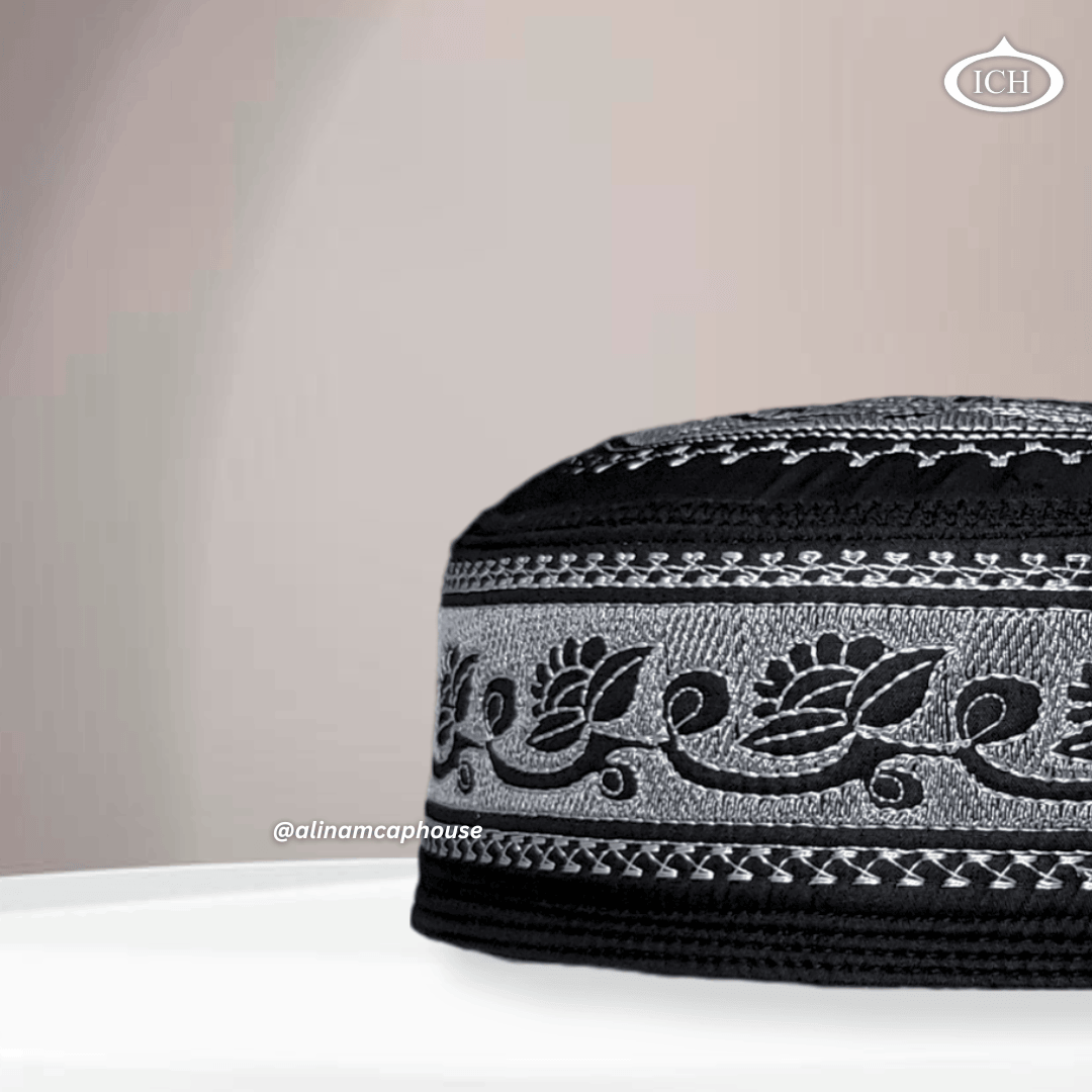 Al Inam Musqati Cap black, Muslim prayer cap, side view, comfortable fit, AL INAM CAP HOUSE