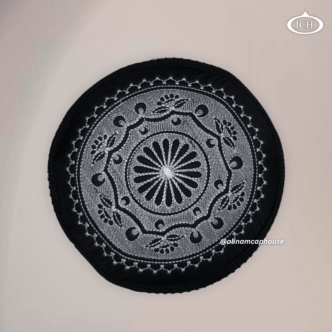 Al Inam Musqati Cap black, elegant kufi design, top view, Islamic essentials, AL INAM CAP HOUSE