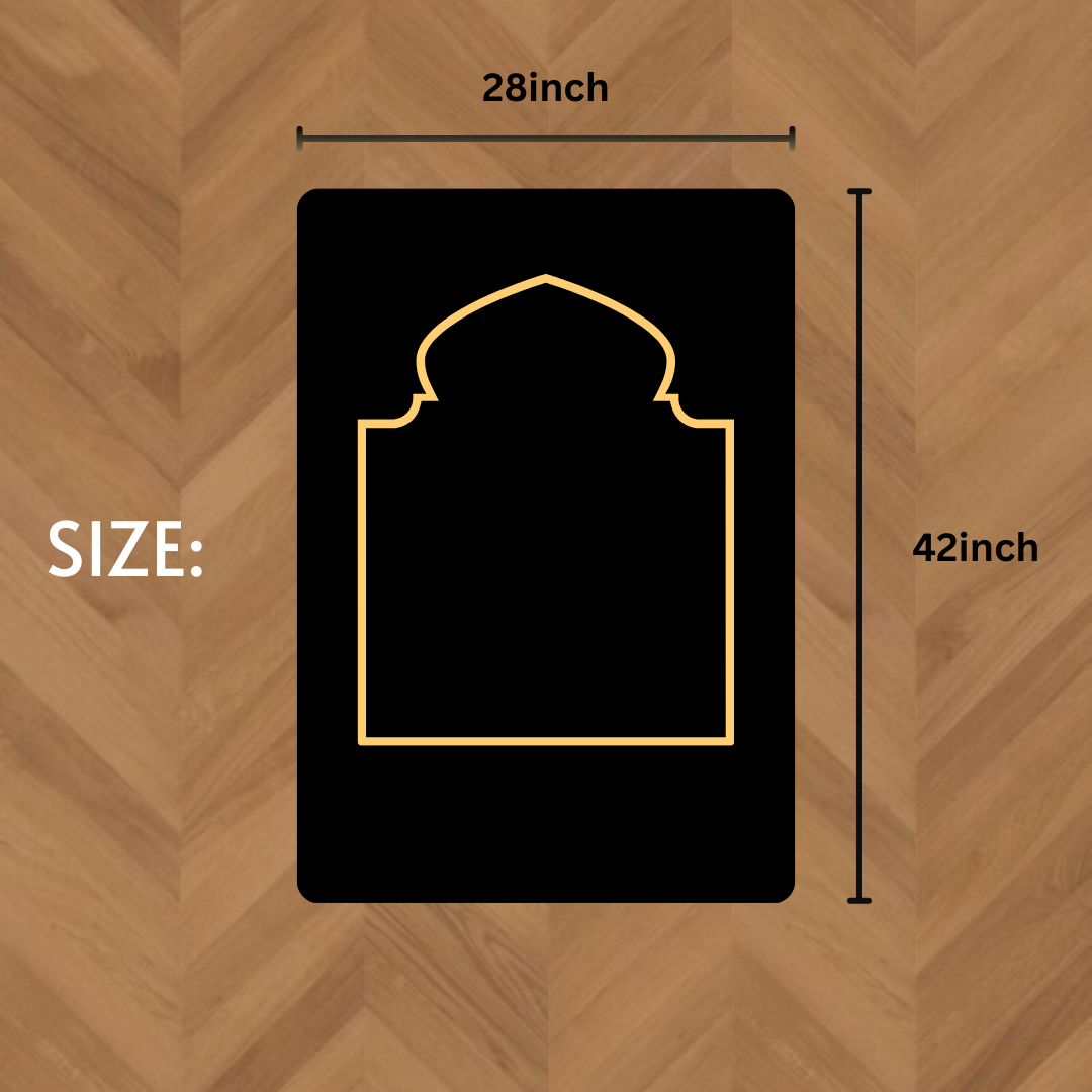 Muslim prayer mat size chart, Islamic prayer rug dimensions, janamaz measurement guide, length 42 inches width 28 inches, size reference image for Al Inam prayer mat, AL INAM CAP HOUSE