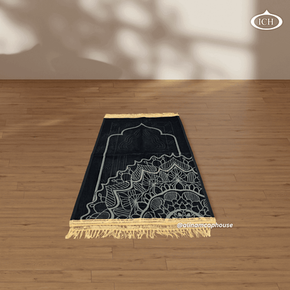 Al Inam prayer mat P02 angled view, textured detail visible, premium design janamaz for daily prayers