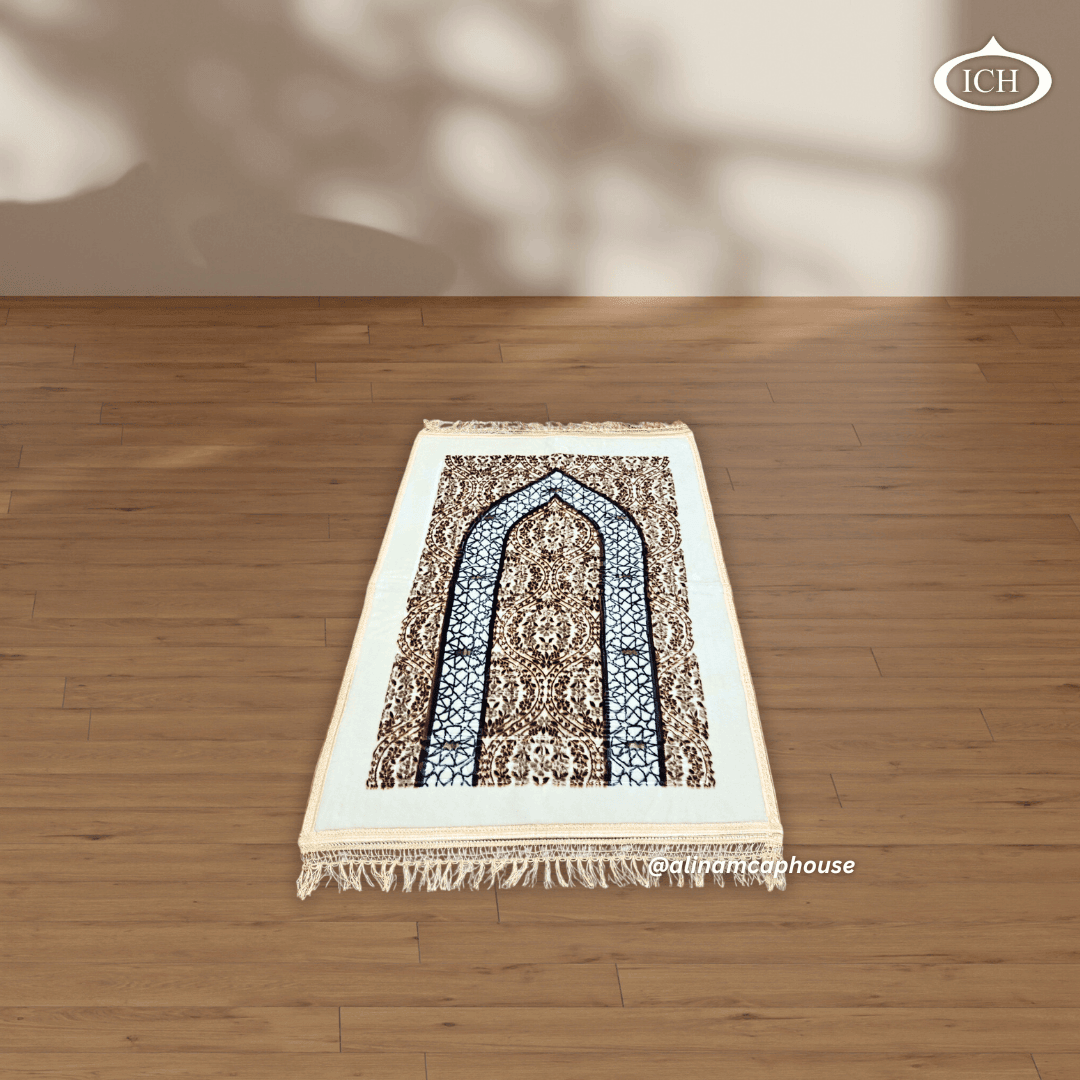 Al Inam prayer mat P03 angled view, textured detail visible, luxury prayer rug for salah