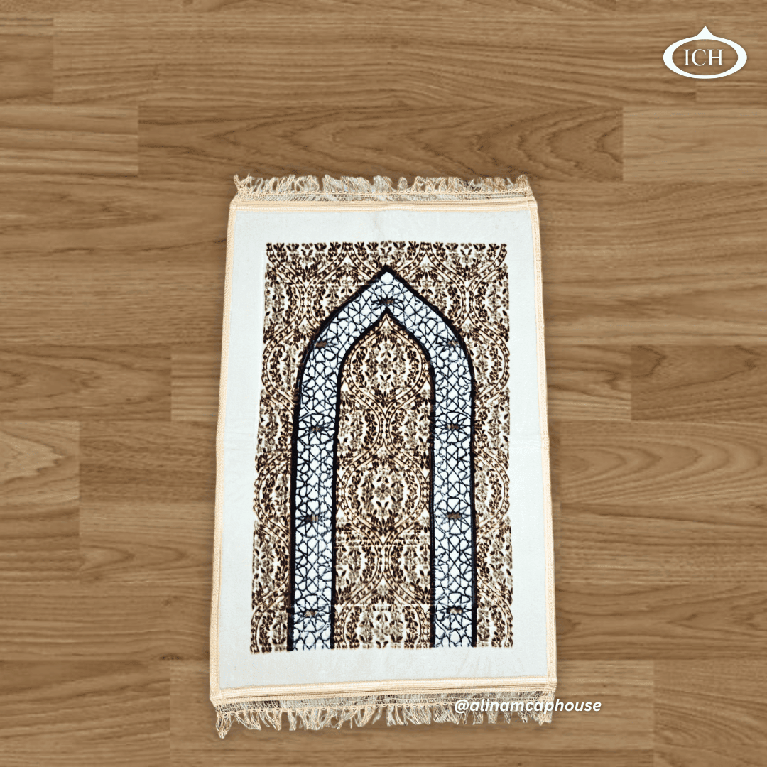 Al Inam prayer mat P03 front view, premium Islamic janamaz, elegant patterned prayer rug, soft fabric texture