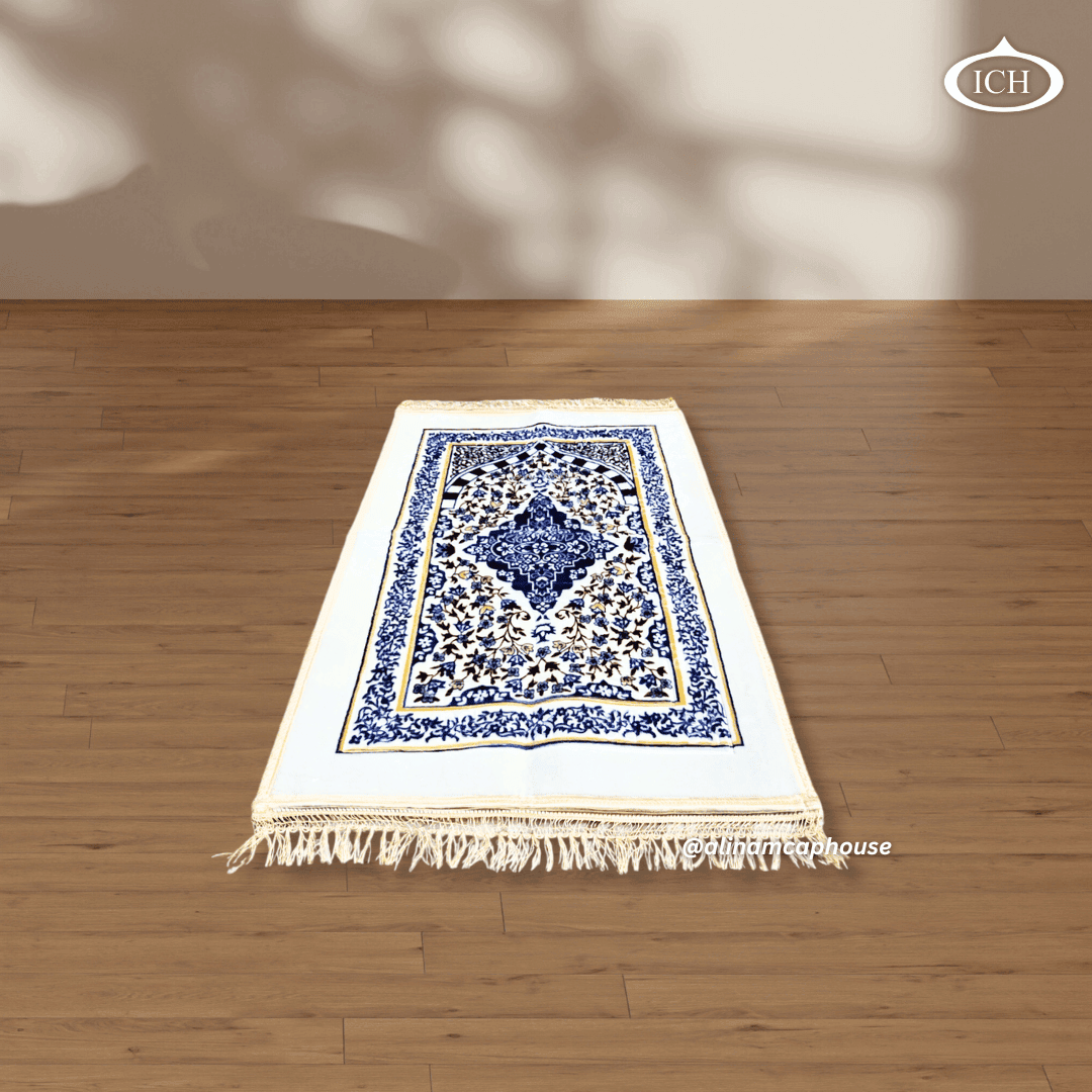 Al Inam prayer mat P04 angled view, showing texture and depth, decorative Islamic prayer rug