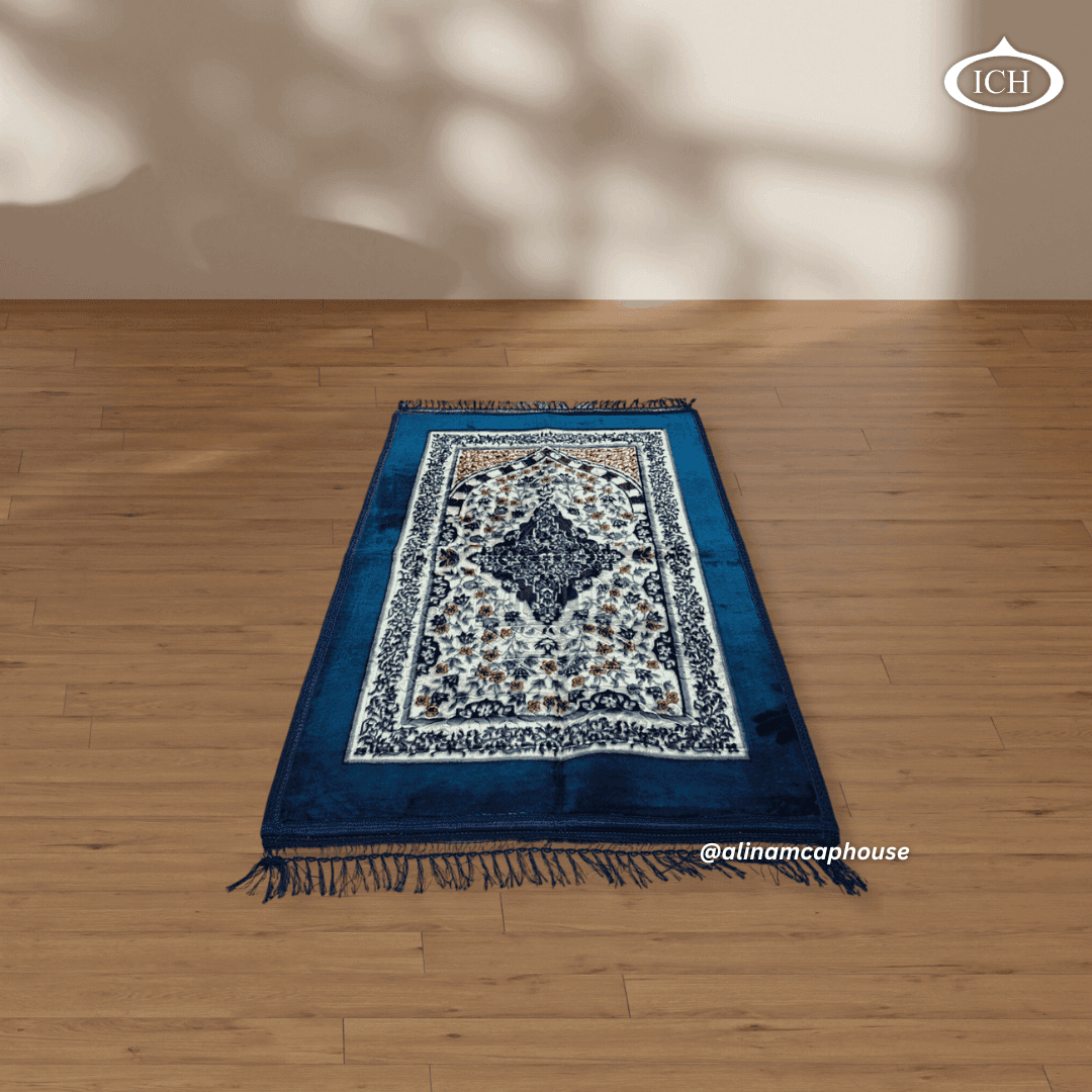 Al Inam prayer mat P05, angled shot of Islamic prayer rug, showing texture and design depth