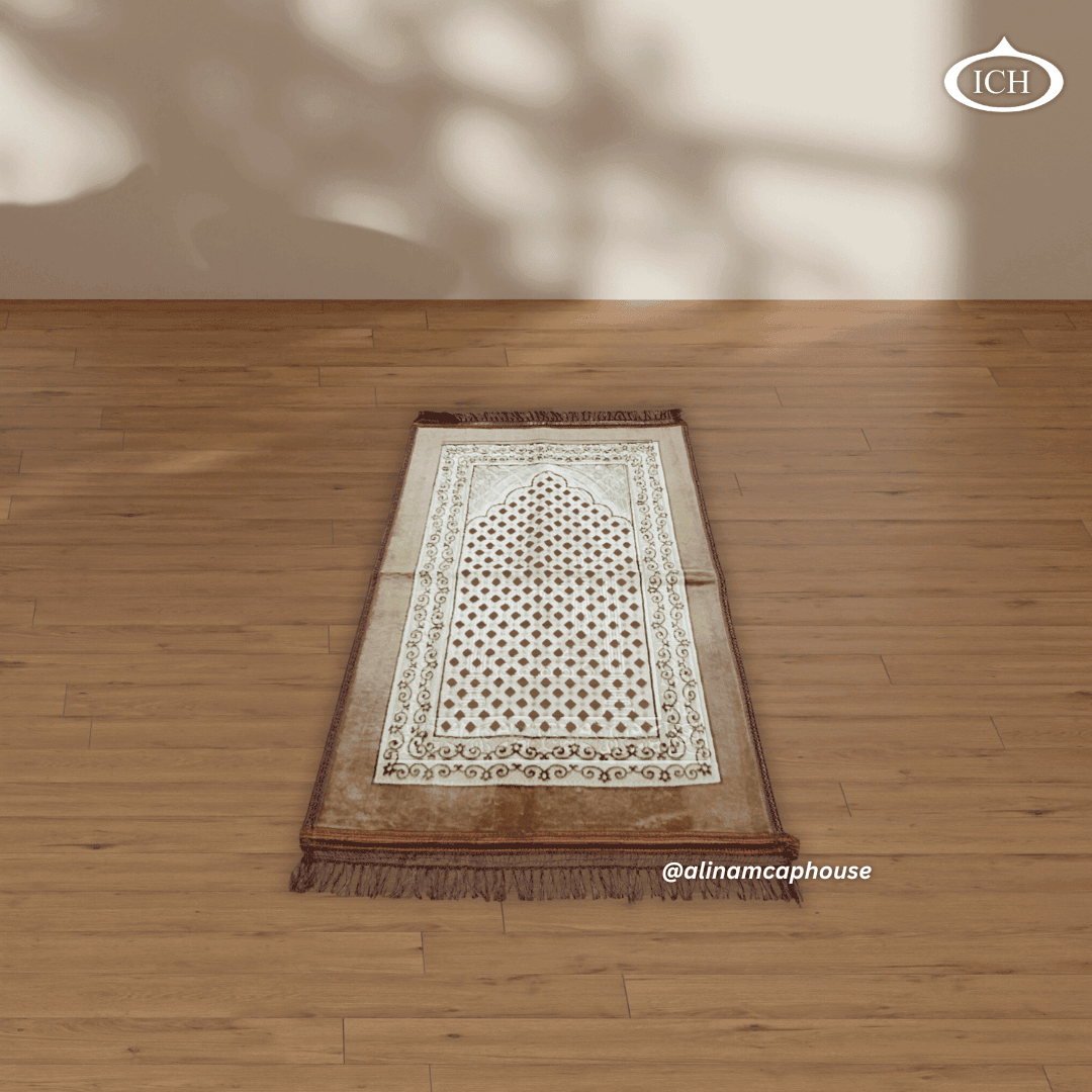 Al Inam prayer mat P06 angled view, showing texture and depth, premium janamaz for salah