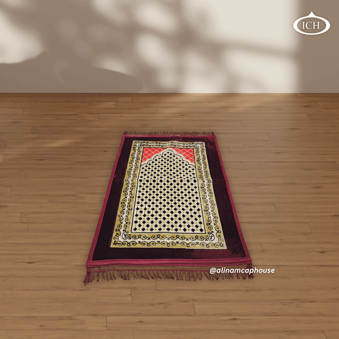 Al Inam prayer mat P07 angled view, showing texture and depth, premium prayer rug