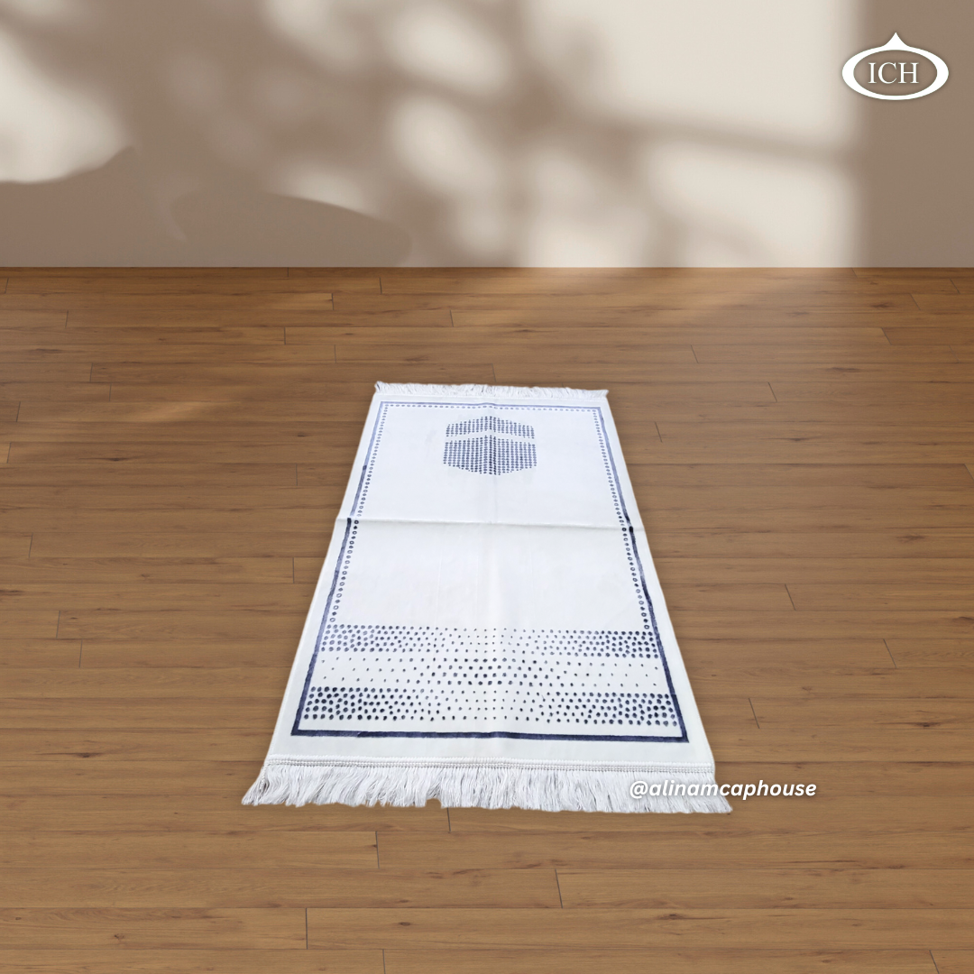 Al Inam Blue Prayer Mat P08 angled view, showcasing texture and depth, premium janamaz for salah.