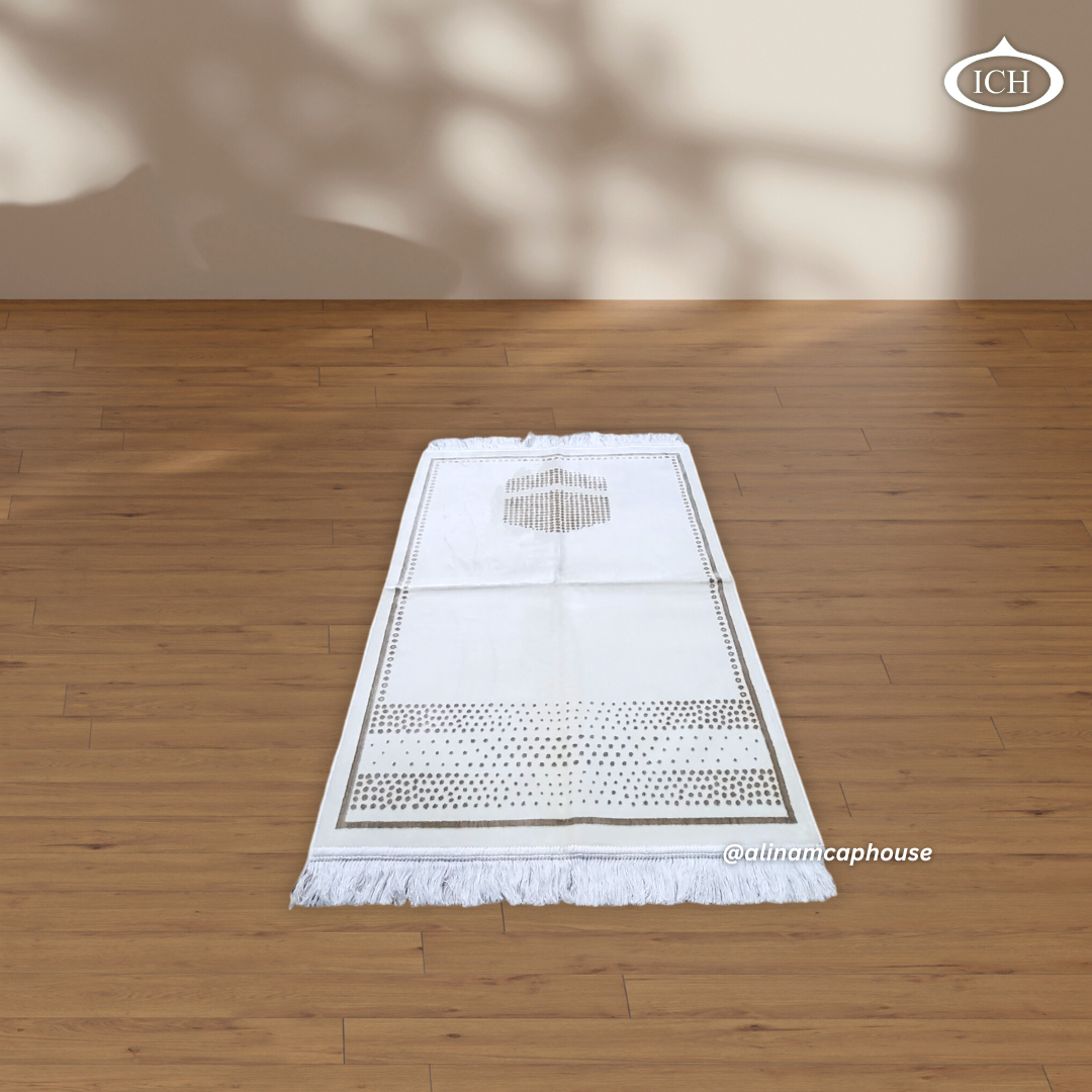 Al Inam Golden Prayer Mat P08 angled view, showcasing texture and depth, premium janamaz for salah.