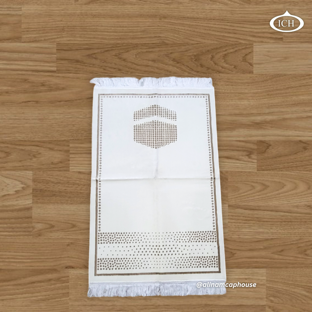Al Inam Golden Prayer Mat P08 front view, premium Islamic janamaz, intricate design, soft fabric texture.