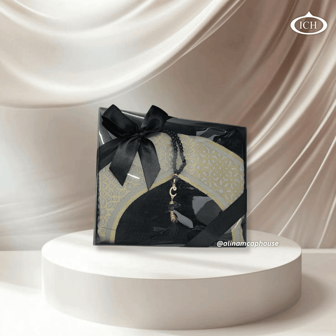 Al Inam Premium Eid Gift Collection ICH-0000-E08 – beautifully designed prayer mat and matching tasbih beads, perfect for spiritual focus and gifting loved ones.