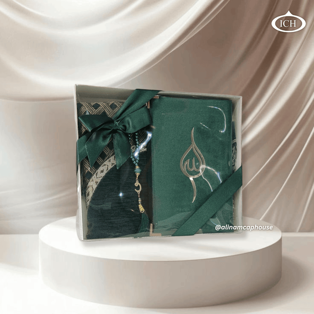 Al Inam Premium Eid Gift Collection ICH-0000-E09 – plush cushioned Janamaz, matching tasbih beads and a deluxe Yā Sīn book – the ideal Eid set for spiritual focus and elegance.