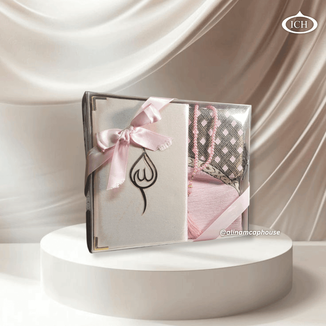 Al Inam Premium Eid Gift Collection ICH-0000-E13 – beautifully crafted set including soft fabric seccade, smooth tasbīḥ and plush velvet Yā Sīn book – perfect for Muslim gifting or personal faith rituals.