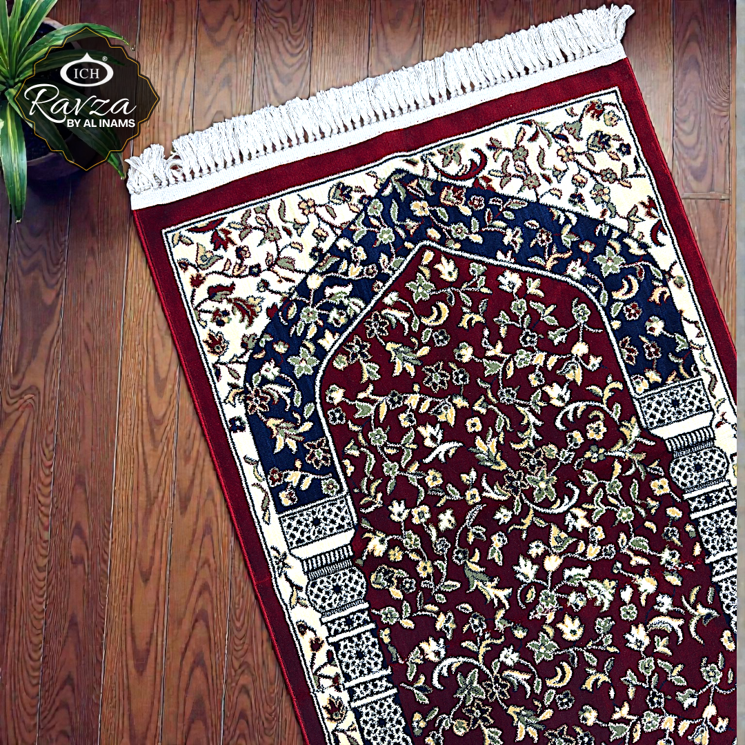 Al Inam Rawda prayer mat full front view with deep red and navy Ravza-inspired design, premium Islamic musallah reflecting Riyaz-ul-Jannah Madinah, soft cushioned fabric for peaceful and focused salah