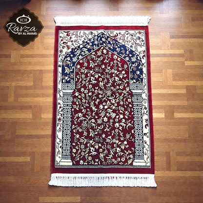 Full length vertical view of Al Inam Rawda prayer mat showing detailed Riyaz-ul-Jannah inspired artwork, premium quality Islamic prayer mat suitable for home and mosque use