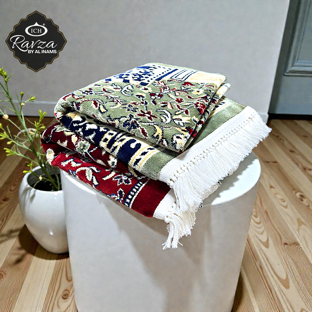 Al Inam Rawda prayer mat placed in a calm home prayer corner, Madinah Ravza-inspired Islamic musallah creating a spiritual ambiance for daily salah and dua
