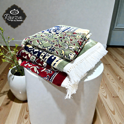 Al Inam Rawda prayer mat placed in a calm home prayer corner, Madinah Ravza-inspired Islamic musallah creating a spiritual ambiance for daily salah and dua