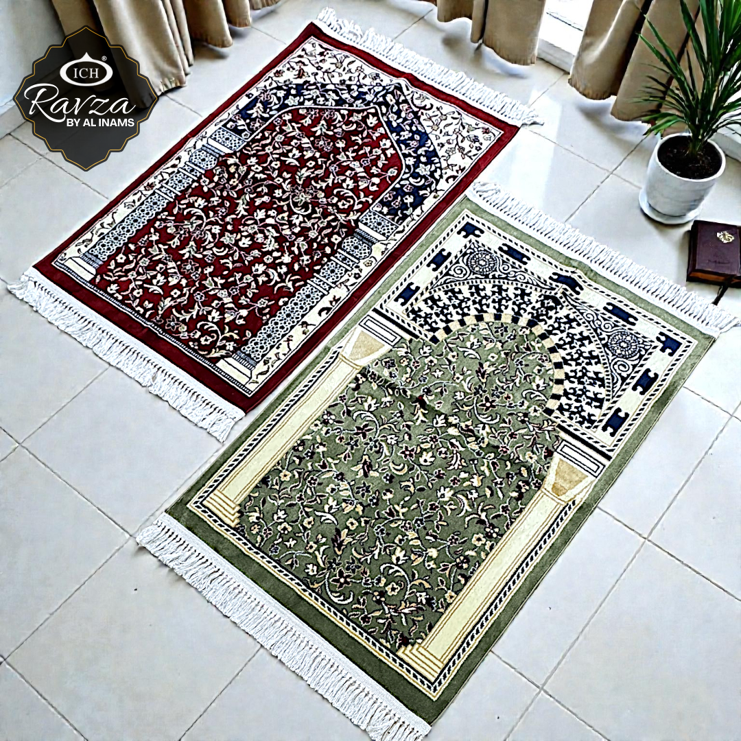 Al Inam Rawda prayer mat placed in a peaceful home prayer space, Madinah-inspired Ravza Islamic prayer mat creating spiritual ambiance and tranquility during salah
