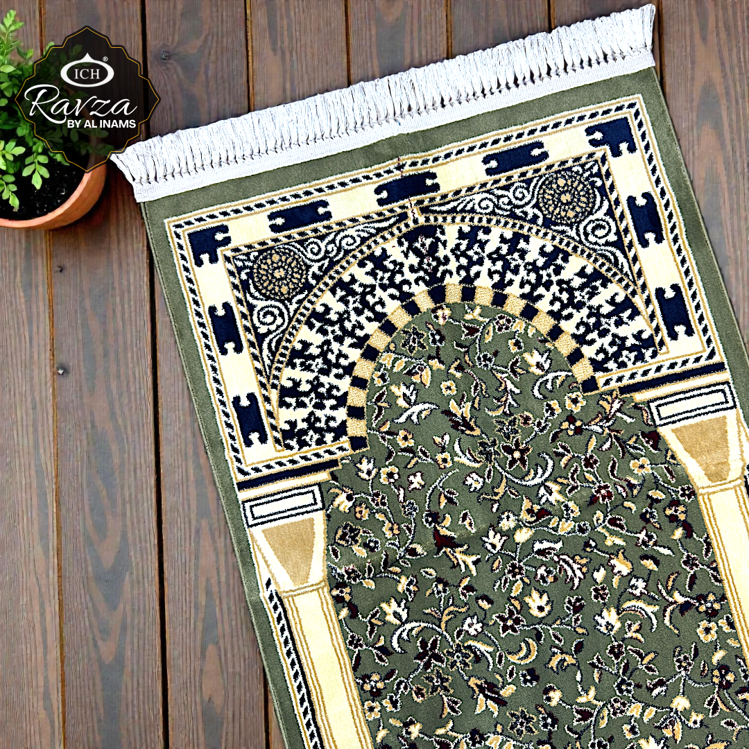 Al Inam Rawda prayer mat full front view inspired by Riyaz-ul-Jannah Madinah, Ravza-style Islamic prayer mat with intricate sacred patterns, premium soft musallah for daily salah and spiritual focus