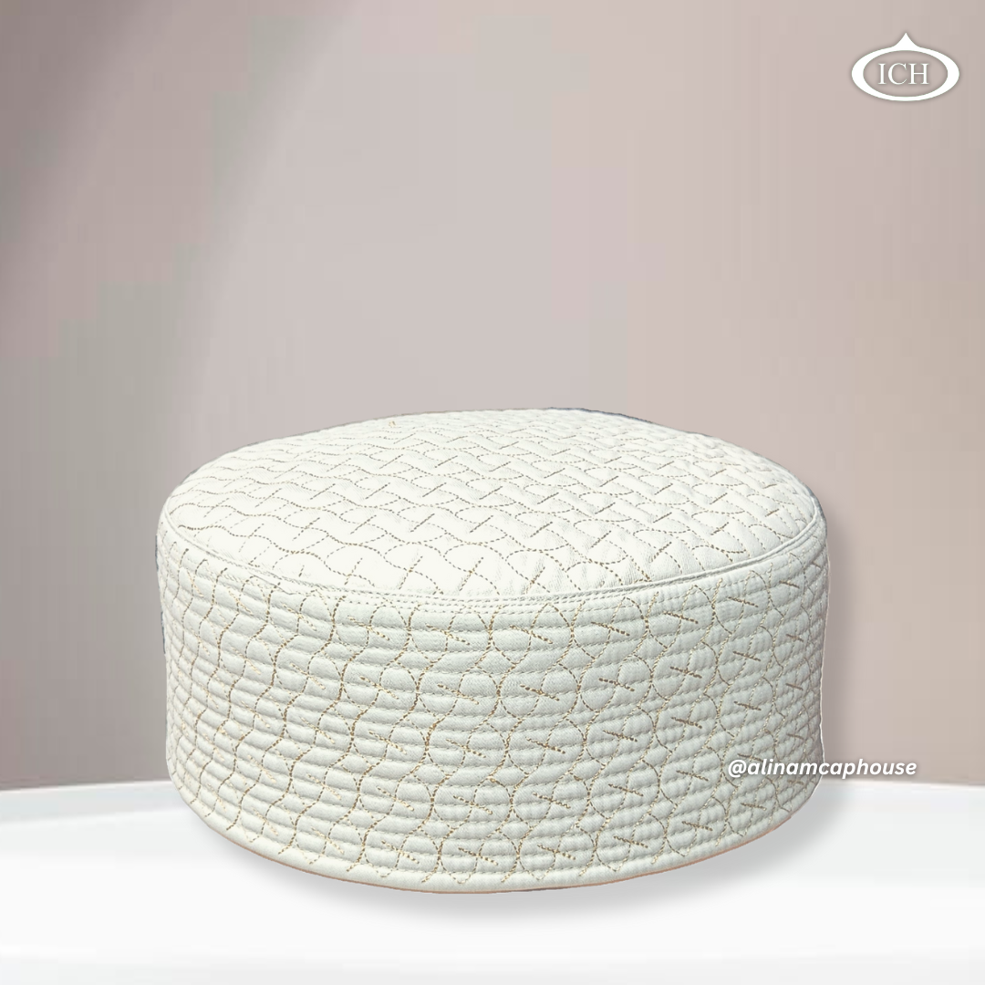 Full view of AL INAM reversible Muslim prayer cap in cream and golden color for daily namaz and Jummah