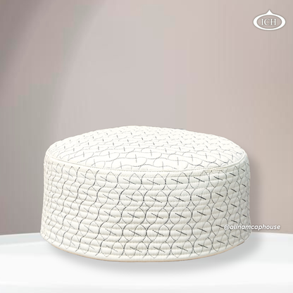 Full view of AL INAM reversible Muslim prayer cap in cream and grey designed for daily namaz and Jummah
