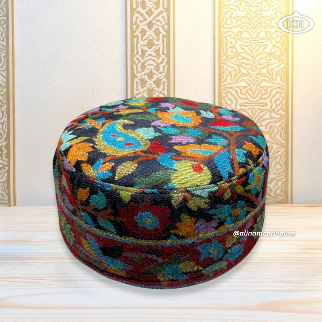 Al Inam Signature Kashmiri Topi ICH-0001-K03 top view – beautifully handcrafted Muslim prayer cap with fine embroidery finishing, premium quality by Al Inam Cap House, New Delhi.