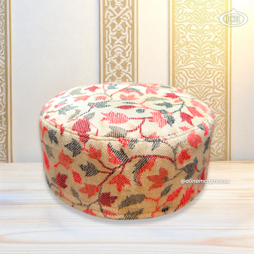 Al Inam Signature Kashmiri Topi ICH-0003-K01 top view – beautifully embroidered Islamic prayer cap with premium finishing, made by Al Inam Cap House, New Delhi.