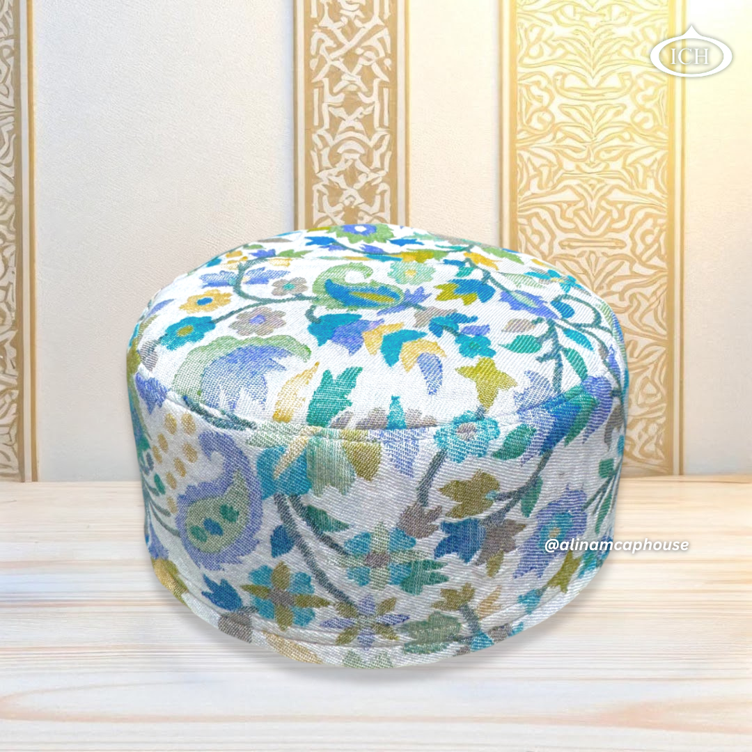Al Inam Kashmiri Topi ICH-0005-K03 top view – rich embroidered Islamic prayer cap with traditional Kashmiri motifs, premium finish by Al Inam Cap House, New Delhi.