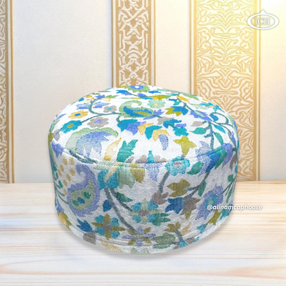 Al Inam Kashmiri Topi ICH-0005-K03 top view – rich embroidered Islamic prayer cap with traditional Kashmiri motifs, premium finish by Al Inam Cap House, New Delhi.