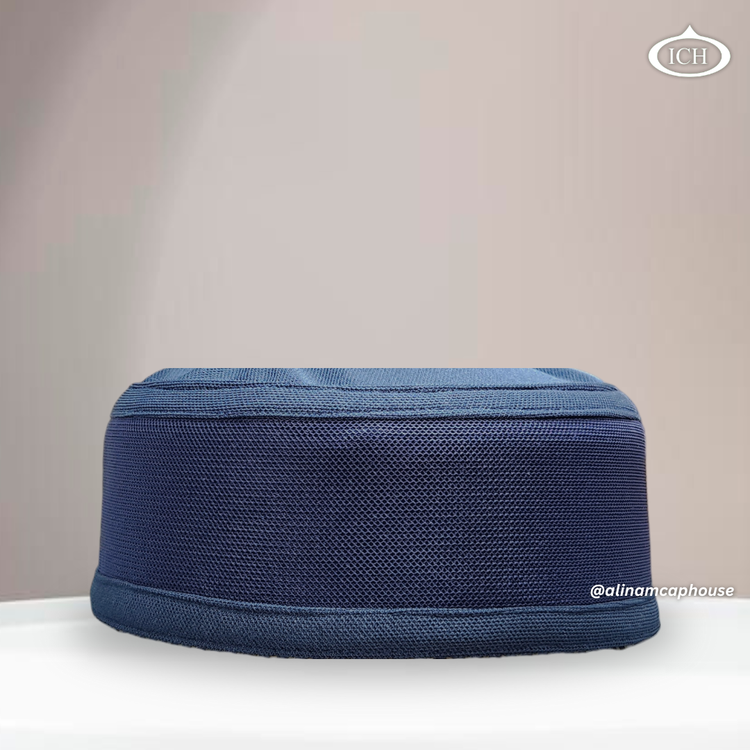 Al Inam Signature Islamic Prayer Cap blue, Front view, stretchable free size, AL INAM CAP HOUSE