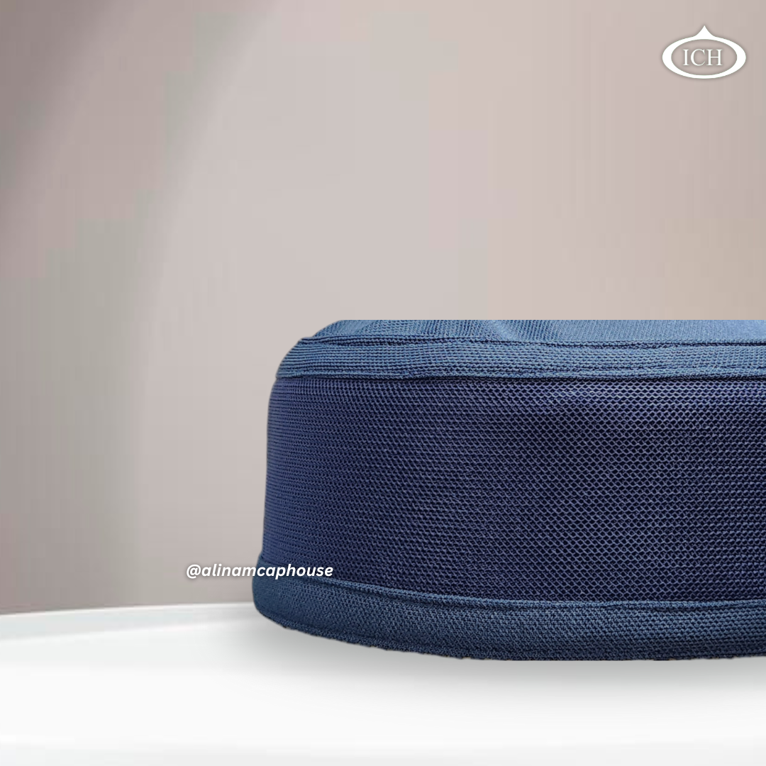 Al Inam Signature Islamic Prayer Cap blue, kufi style design, side view, comfortable fit, AL INAM CAP HOUSE