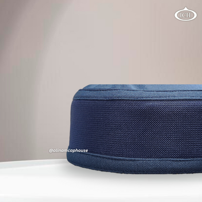 Al Inam Signature Islamic Prayer Cap blue, kufi style design, side view, comfortable fit, AL INAM CAP HOUSE