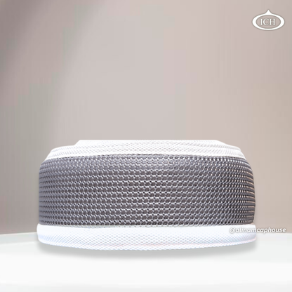 Al Inam Signature Islamic Prayer Cap gray & white, Front view, stretchable free size, AL INAM CAP HOUSE