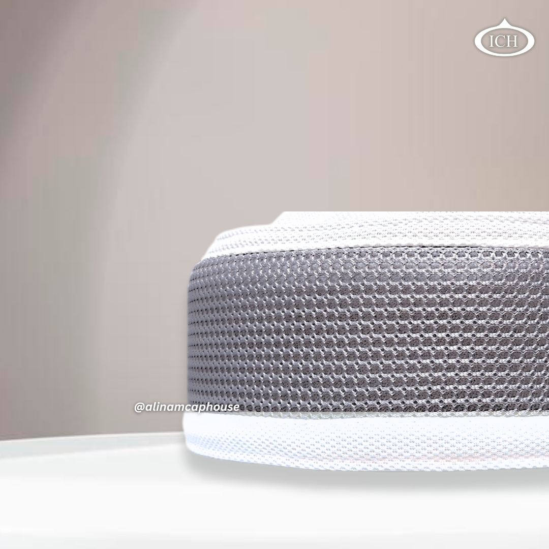 Al Inam Signature Islamic Prayer Cap gray & white, kufi style design, side view, comfortable fit, AL INAM CAP HOUSE