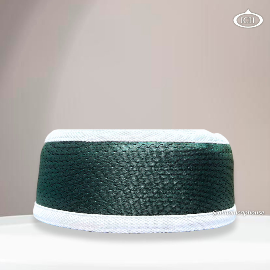 Al Inam Signature Islamic Prayer Cap green & white, Front view, stretchable free size, AL INAM CAP HOUSE