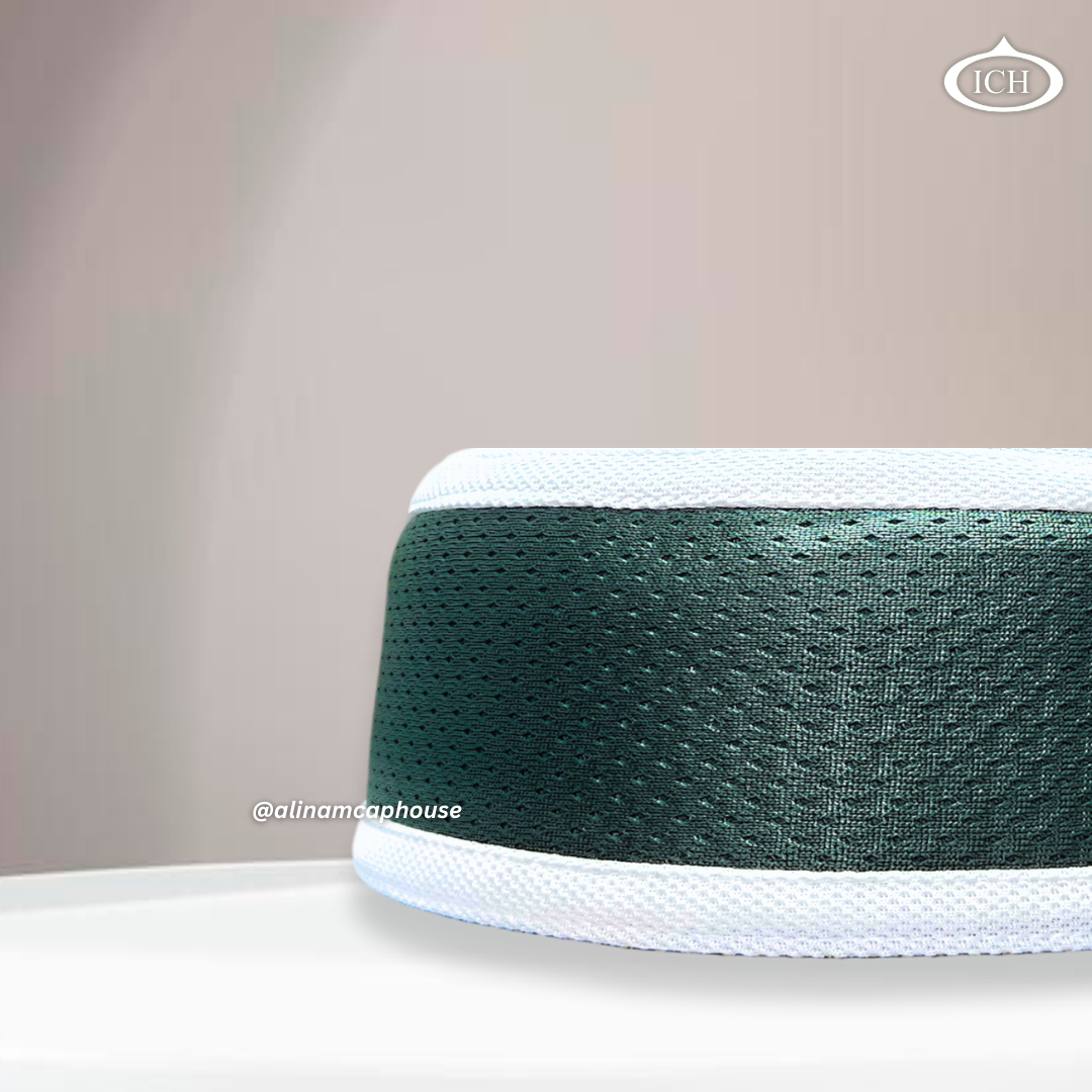Al Inam Signature Islamic Prayer Cap green & white, kufi style design, side view, comfortable fit, AL INAM CAP HOUSE