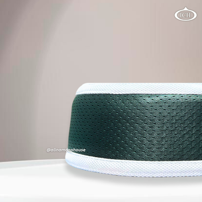 Al Inam Signature Islamic Prayer Cap green & white, kufi style design, side view, comfortable fit, AL INAM CAP HOUSE